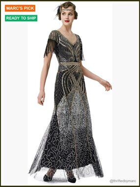 Vintage Flapper Fringe Sequin Beaded Maxi Dress 1920s Great Gatsby Party